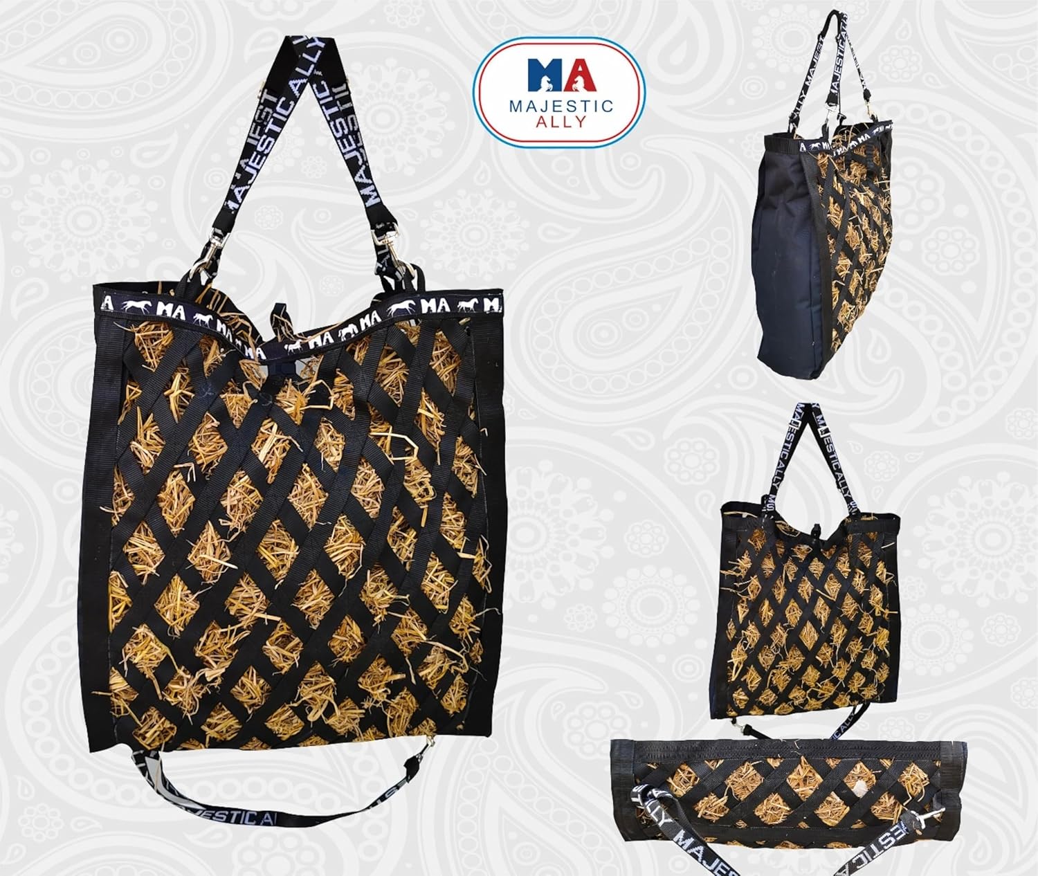 Double Side Open Slow Feeder Hay Bag - Diamond shaped Obliquely Placed Webbing (Black)