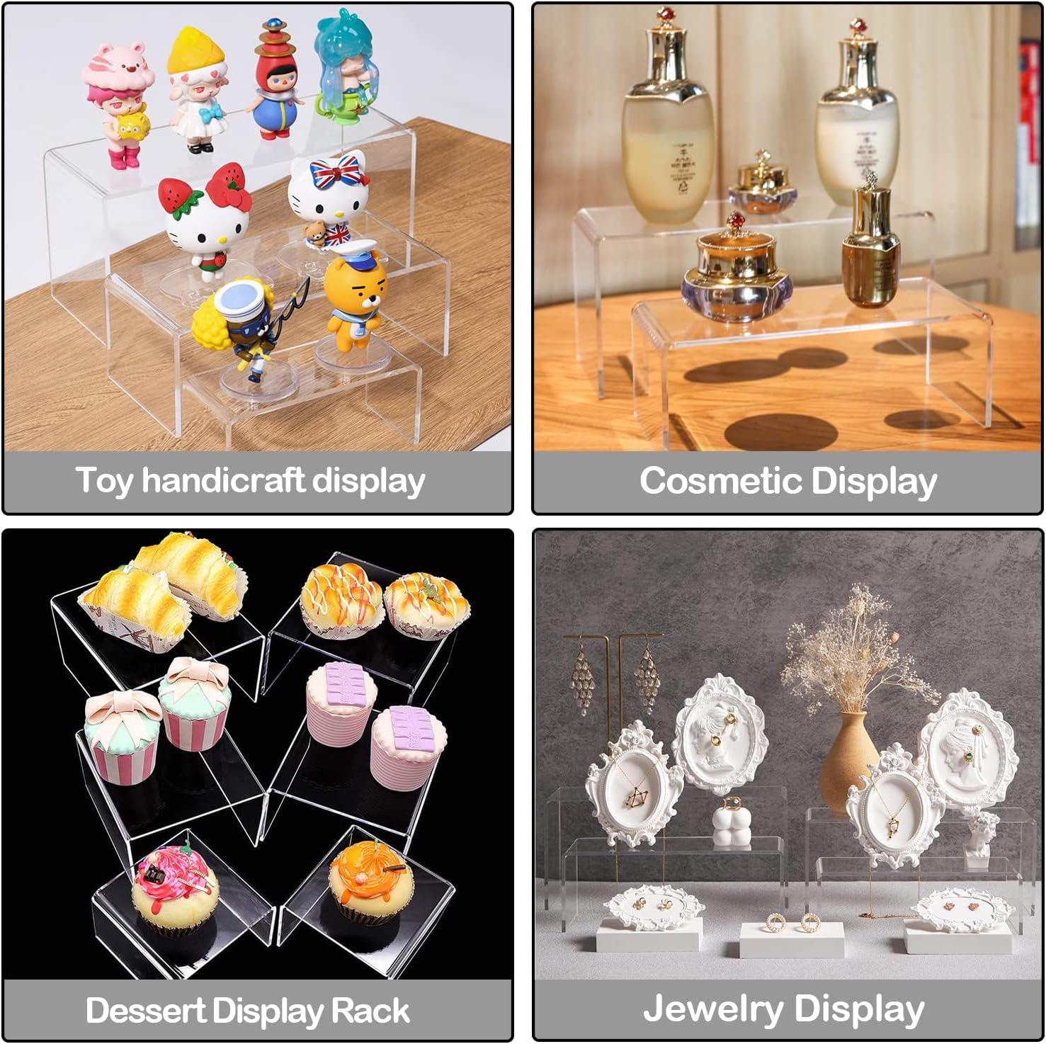 Clear Plastic Risers Display Stands Stable Multi-Size | 6-Piece Set, Rectangular, 11"~12", 4mm Thick, Ideal for