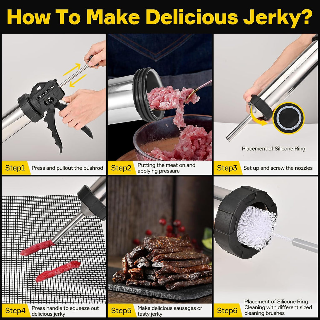 Professional Jerky Gun for Ground Meat | 2.5LB Capacity Jerky Maker Kit with 5 Attachments, 2 Brushes & Storage Net
