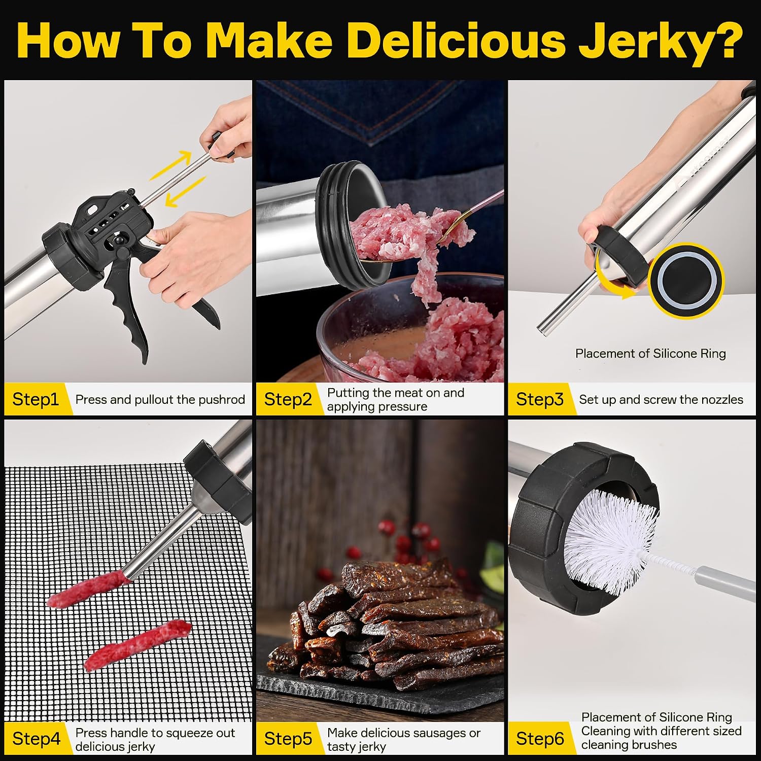 Professional Jerky Gun for Ground Meat | 2.5LB Capacity Jerky Maker Kit with 5 Attachments, 2 Brushes & Storage Net