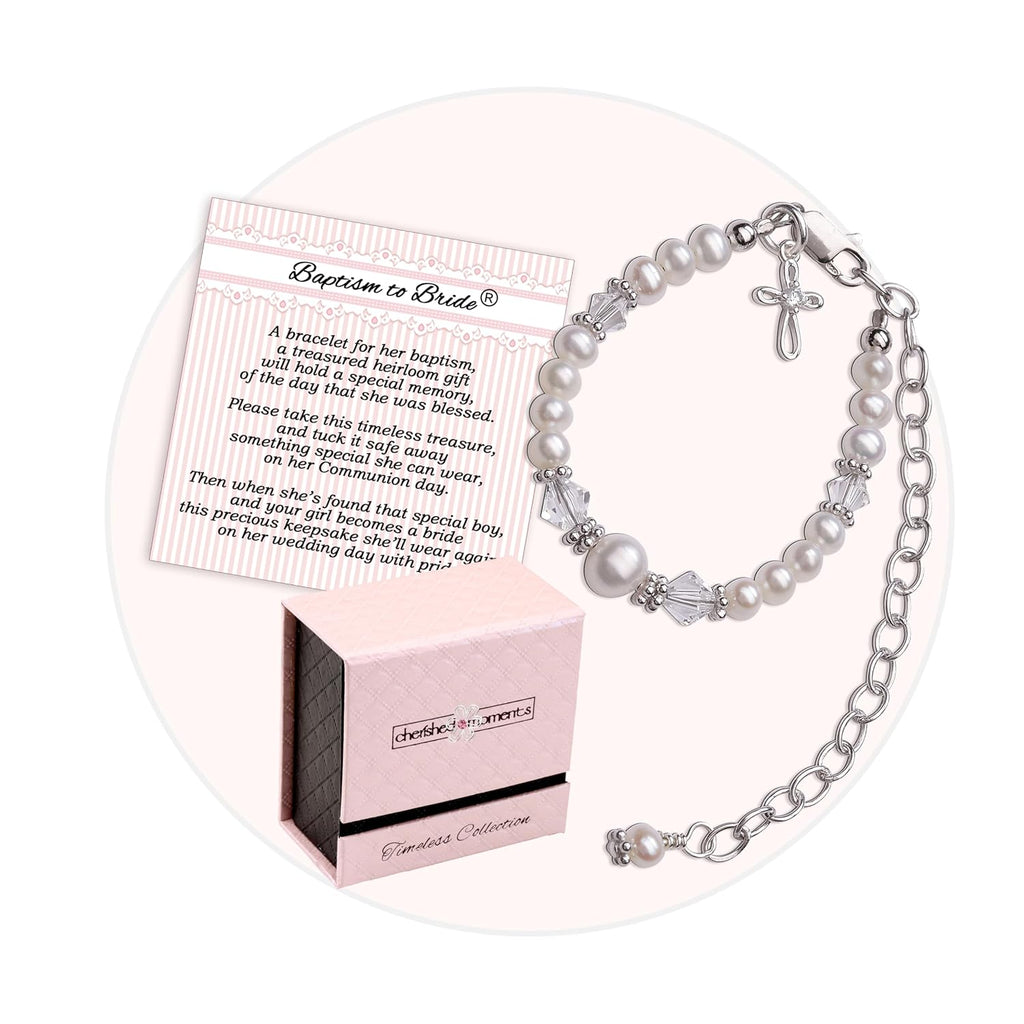 Baptism to Bride Cross Bracelet Gift for Girls in 925 Sterling Silver and Cultured Pearl