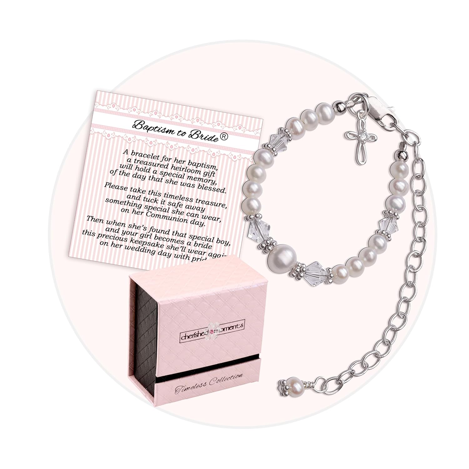 Baptism to Bride Cross Bracelet Gift for Girls in 925 Sterling Silver and Cultured Pearl