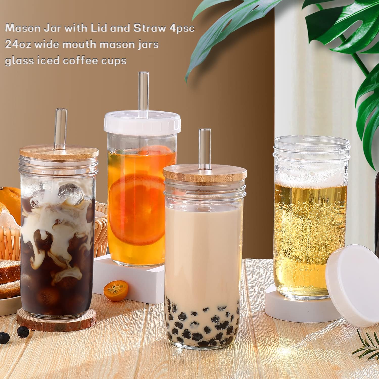 Glass Cups with Lids and Straws,24 oz Smoothie Cup with Lid and Straw-Boba Mason Jar,Matcha Cup Wide Mouth Reusable