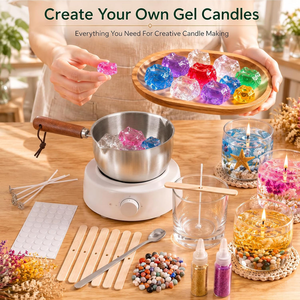 Jelly Candle Making Kit,9pcs Gel Wax -7 Colors Candle Making kit，Includes Wax Wicks Wick Stickers，Wooden Wick Holders