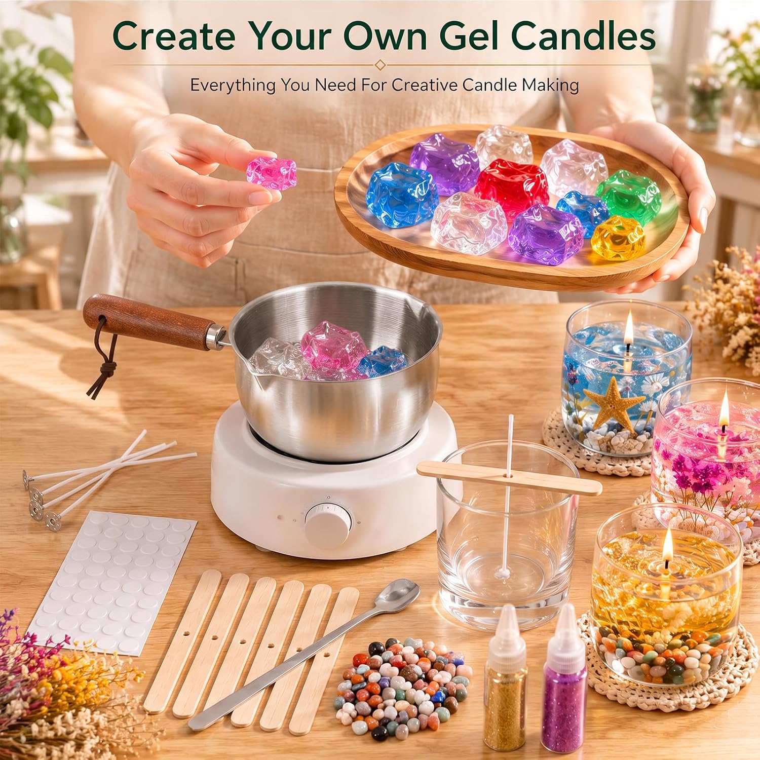 Jelly Candle Making Kit,9pcs Gel Wax -7 Colors Candle Making kit，Includes Wax Wicks Wick Stickers，Wooden Wick Holders