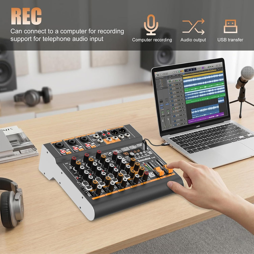 5 Channel Audio Mixer with Bluetooth & 99 DSP Effects for Streaming | 48V Phantom, 3-Band EQ, USB Rec, Stereo Inputs