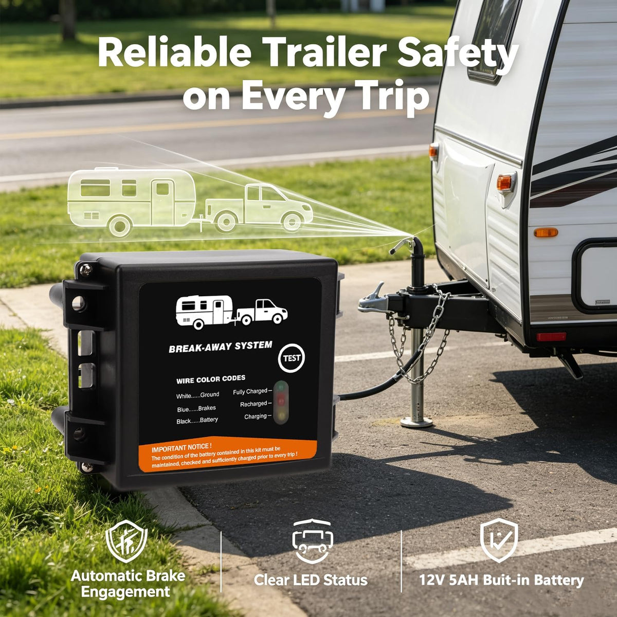 Trailer Brakes Breakaway Kit with Charger, Side Load Break-Away Controller System with Switch and LED Indicator