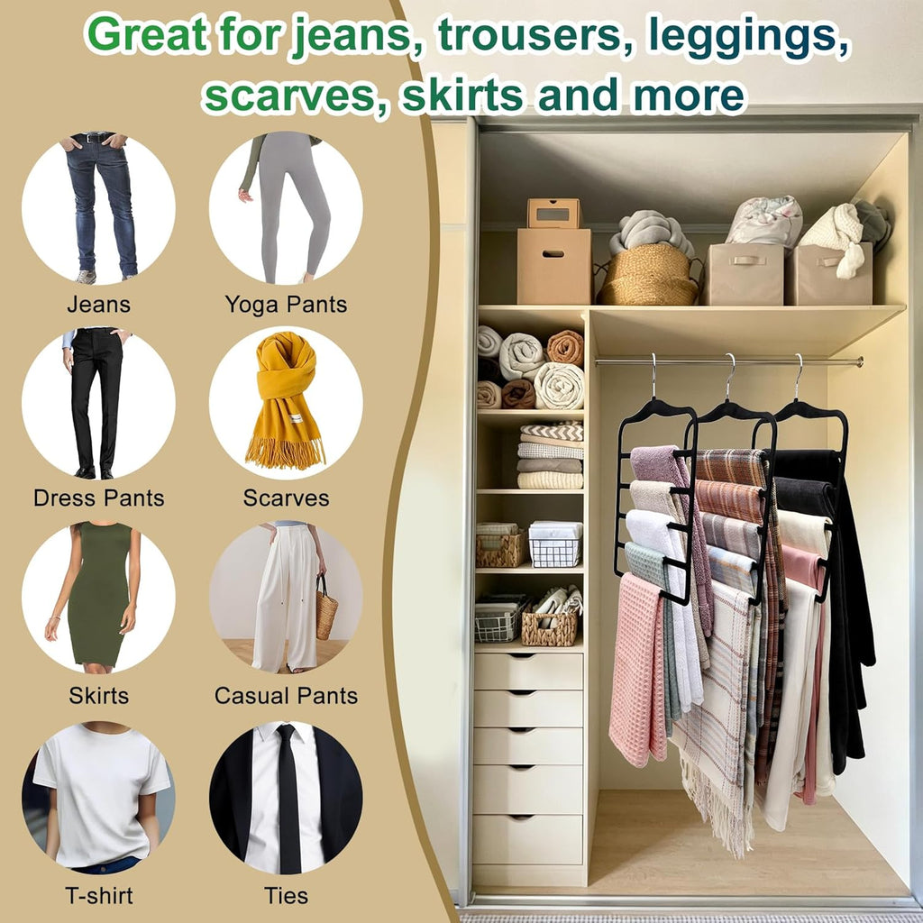Closet Organizers and Storage, 3 Pack Pants-Hangers-Space-Saving, Velvet Non Silp 5 Tier Scarf Jeans Closet