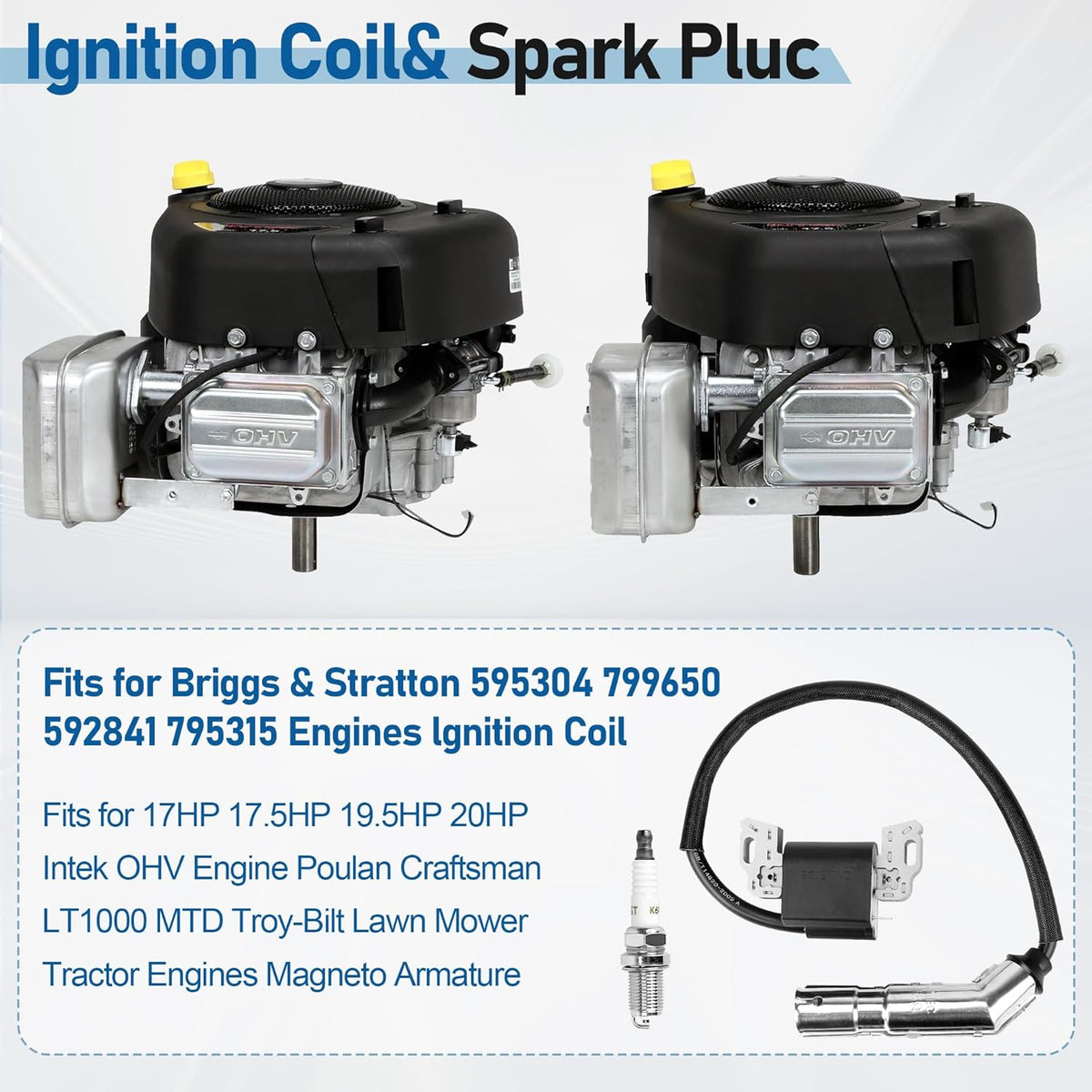 595304 Ignition Coil Fits for Briggs & Stratton 17-20HP Intek Lawn Mower | with Spark Plug, Stable Ignition