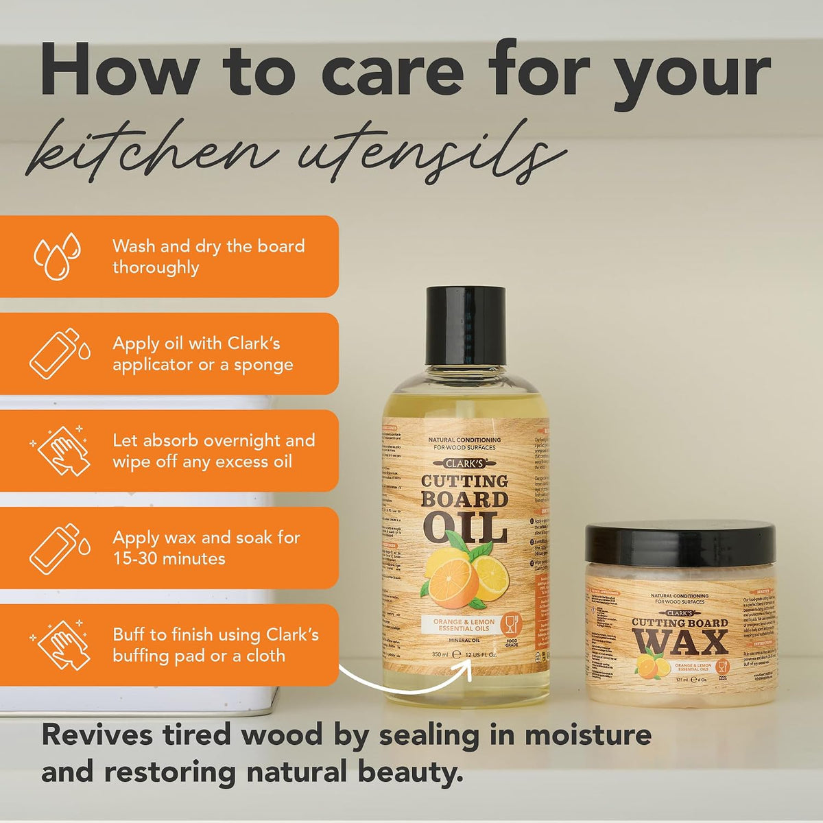 CLARK'S Cutting Board Oil & Wax Kit, Orange Lemon Scent, Food Safe - 2 Pack