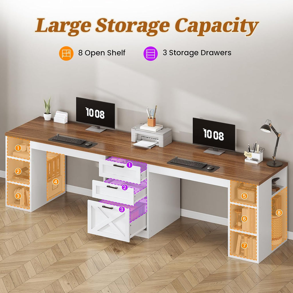 Farmhouse 96.5" Computer Desk with Drawers, 2 Person Home Office Desk, Gaming Double Desk with Storage Shelves, Long