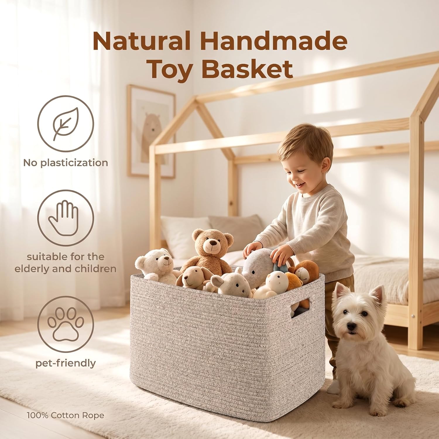 75L Large Woven Cotton Rope Storage Basket with Handle for Organizing Blanket and Toys for Living Room, Nursery