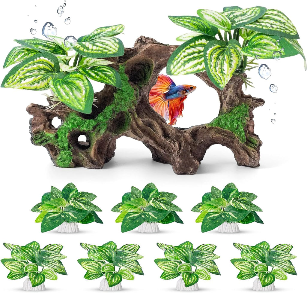 8 Pcs Fish Tank Decor，Silk Aquarium Plants Green Silk Leaf pad Hammock Artifical Driftwood cave Betta Fish Tank
