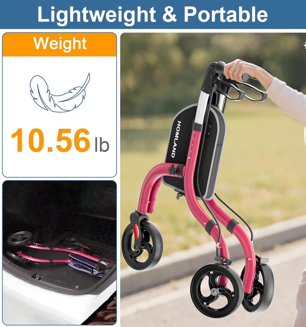 Foldable 3 Wheel Walkers for Seniors, Lightweight AluminumThree-Wheeled Walker, Height Adjustable Compact Walker with