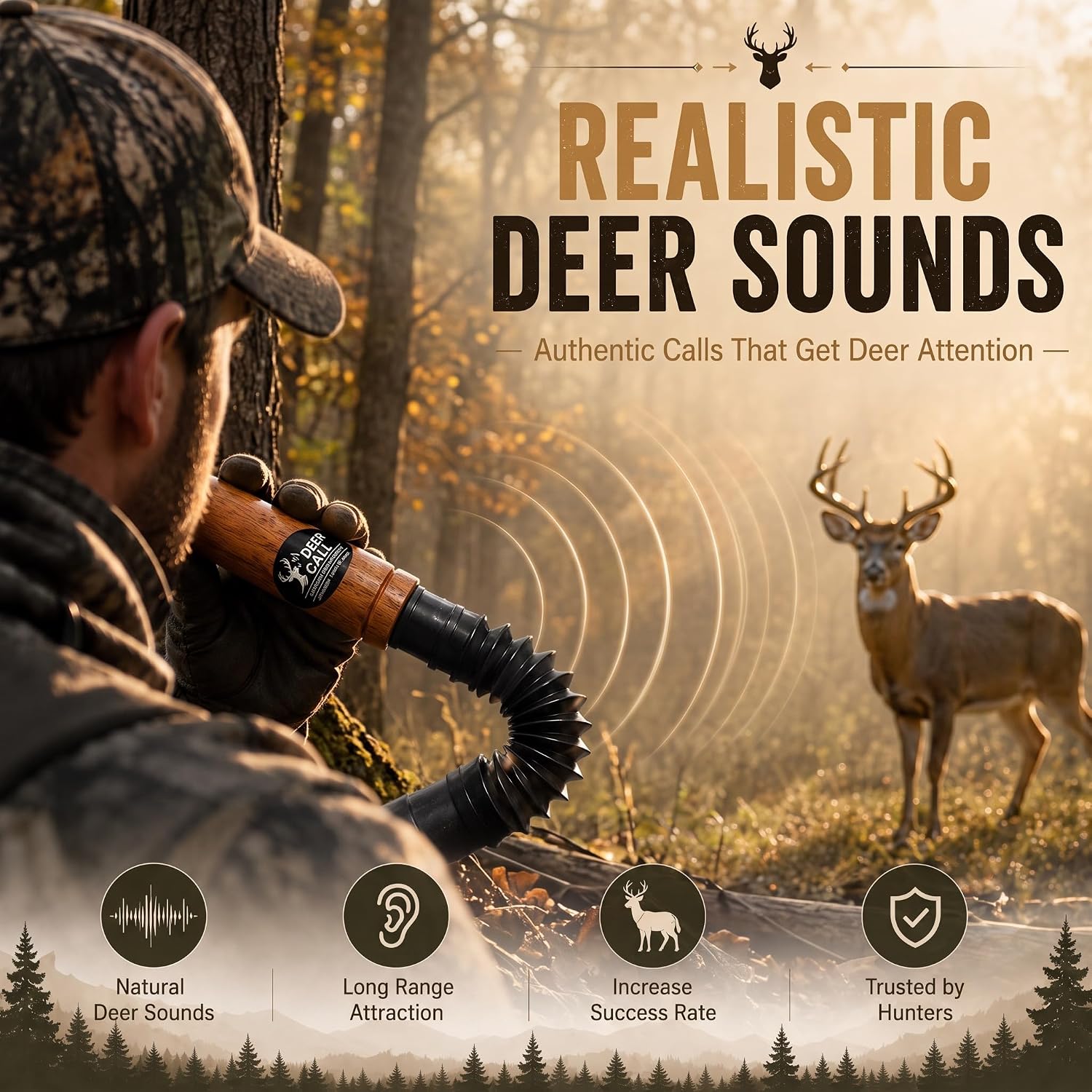 Deer Call - 6-in-1 Adjustable Hardwood Hunting Deer Grunt Call for Buck, Doe, Fawn with Lanyard - Waterproof Freeze