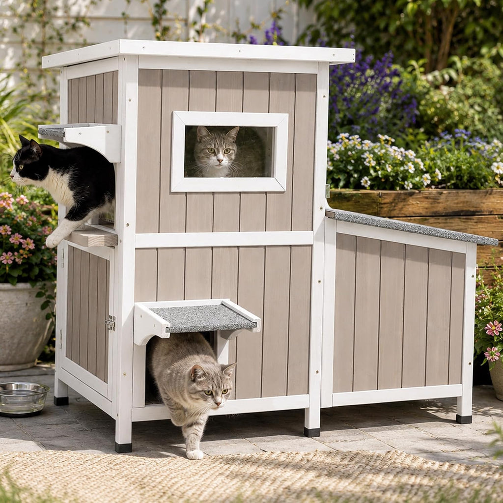 Outrdoor Cat House for 2-3 Cats Safe Outdoor Feral Cat Shelter Weatherproof Wooden Cat Houses with 3 Rooms 3 Escape