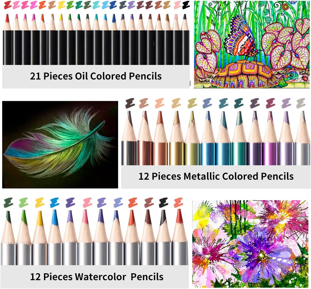 81 Drawing Set Sketching Kit, Pro Sketch Pencils Art Supplies with Rainbow, Colored, Graphite, Watercolor, Metallic