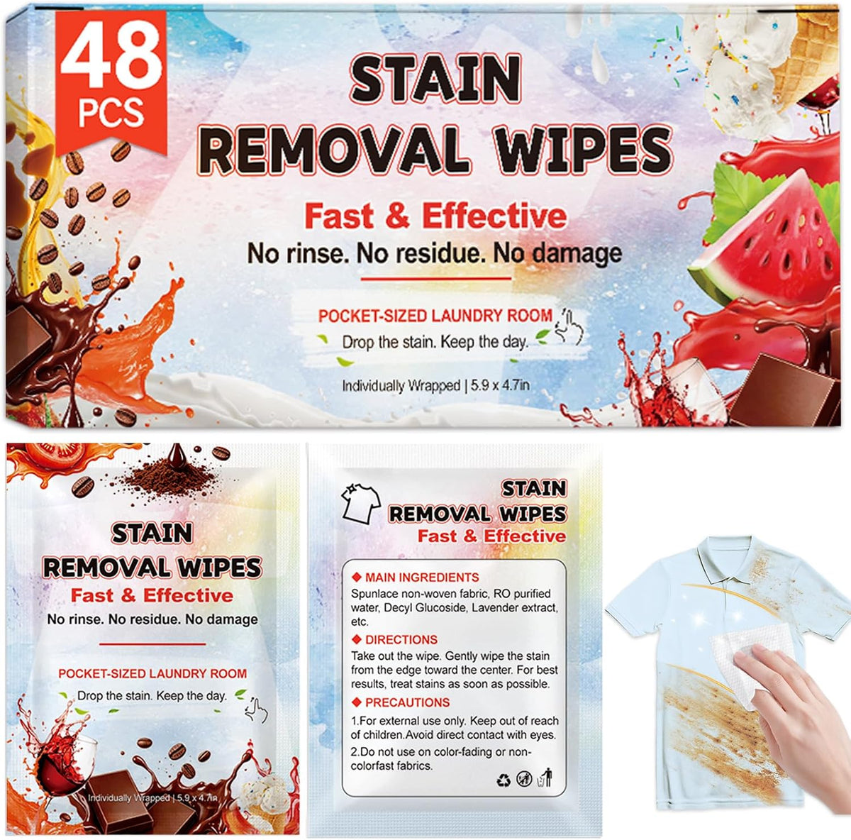 48CT Stain Remover Wipes,Portable Travel-Size Laundry Wipes for Clothes