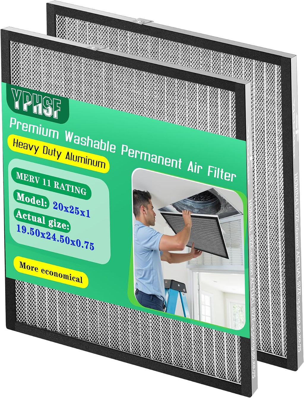 20x25x1 Air Filter MERV-11 | Washable Reusable Furnace Filter| 2-Pack | Electrostatic| Durable Aluminum Alloy