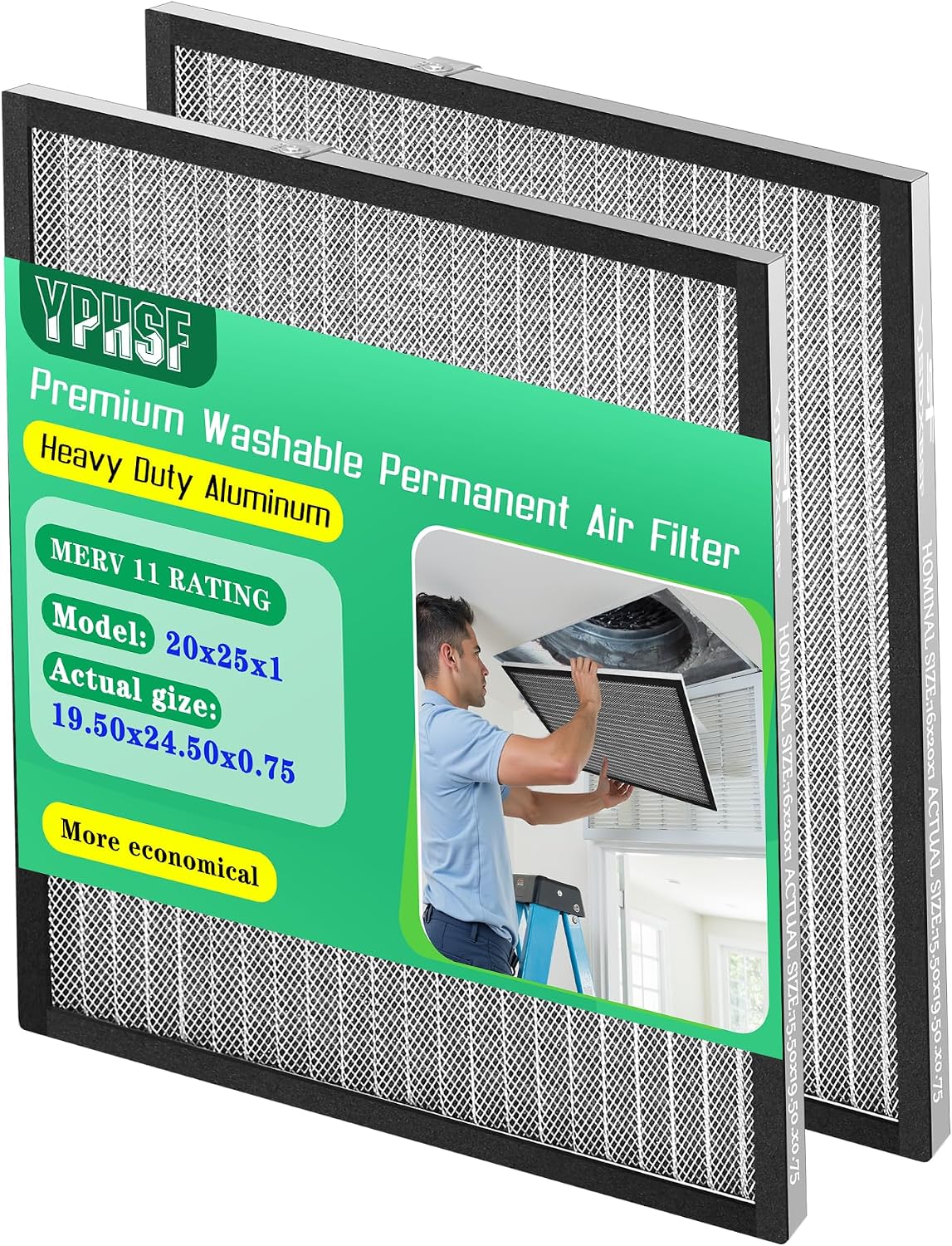 20x25x1 Air Filter MERV-11 | Washable Reusable Furnace Filter| 2-Pack | Electrostatic| Durable Aluminum Alloy