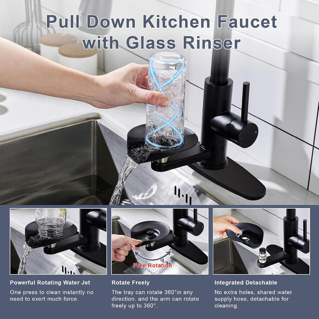 Pull Down Kitchen Faucet with Glass Rinser Single Handle Kitchen Sink Faucet with Pull Out Sprayer, Glass Rinser