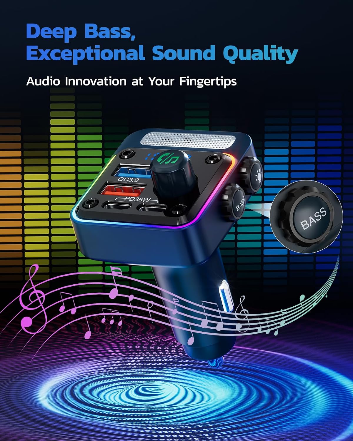 54W Bluetooth 5.3 Car Adapter, FM Transmitter 4-Port Fast Charging | Wireless FM Radio Music Player with Deep Bass, 5
