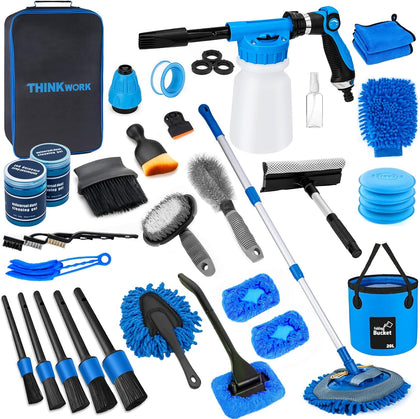 Car Wash Kit, Car Detailing Kit with Foam Gun, Car Wash Brush Mop and Large Folding Bucket Suitable for Car Cleaning