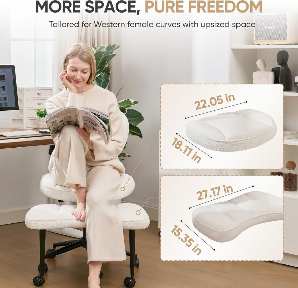 Criss Cross Office Chair with Wheels, Adjustable-Height Backrest & Swivel Footrest, Ergonomic Cross Legged Chair with