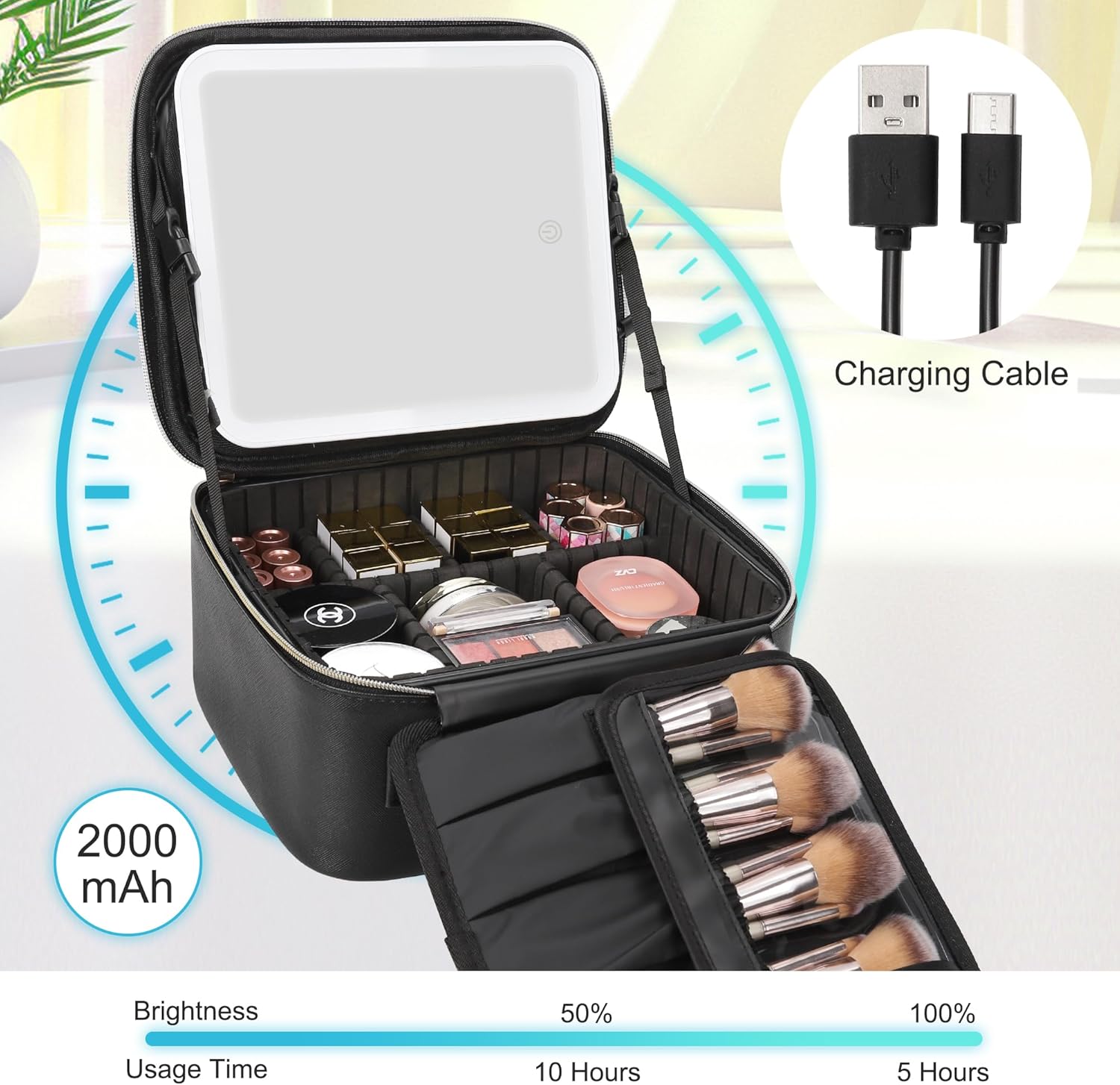 Travel Makeup Bag With LED Mirror, Cosmetic Train Case with Light up Mirror, Portable Makeup Artist Organizer Bag