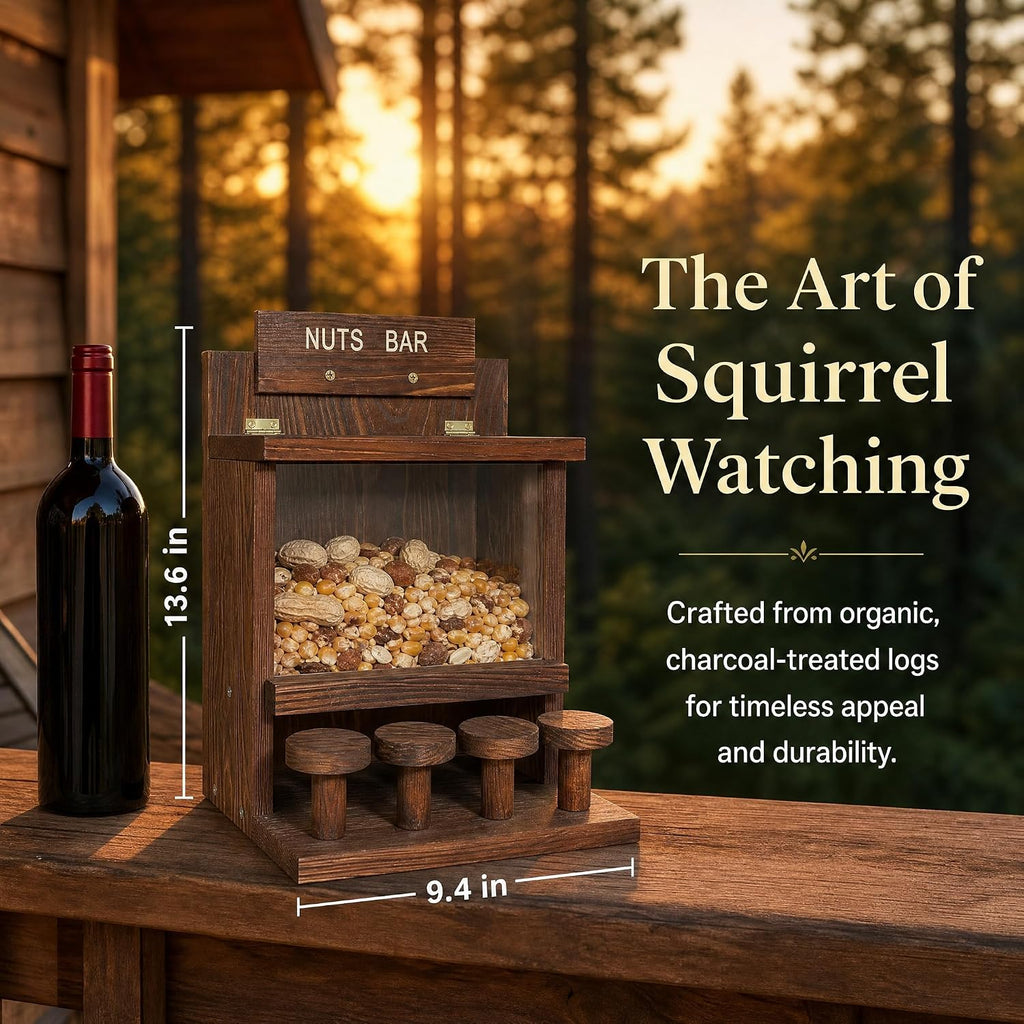 Wooden Squirrel Feeder, Squirrel Bar Feeder with 4 Stools, Large Capacity Outdoor Squirrel Feeder, Weatherproof