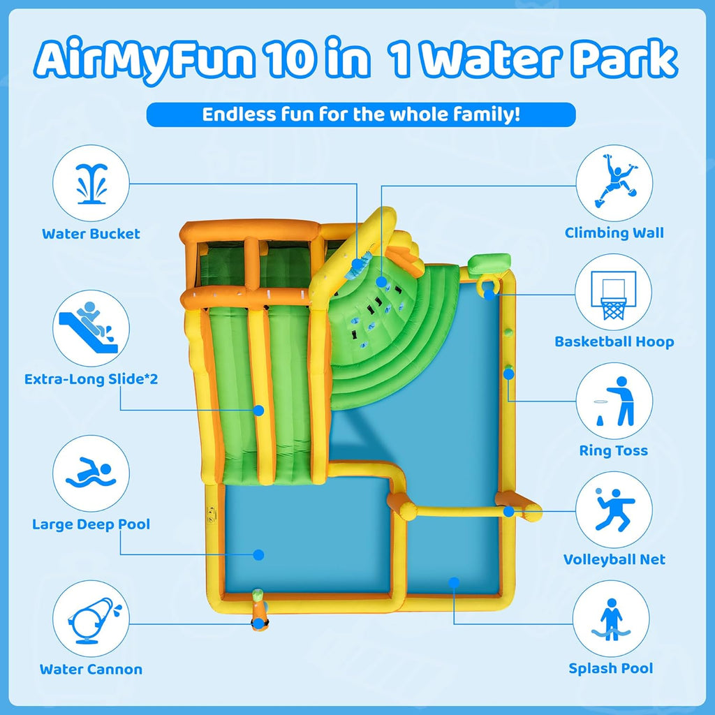 Inflatable Water Slide for Kids Backyard, 10 in 1 Water Park with Double Long Slides, Climbing Wall, Basketball Hoop
