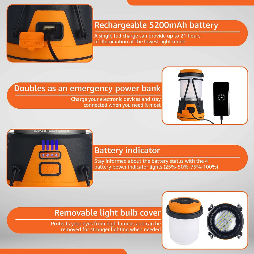 Rechargeable LED Camping Lantern - Power Outages, Hurricanes, Emergency, Hiking, Outdoor - Bright Battery Powered
