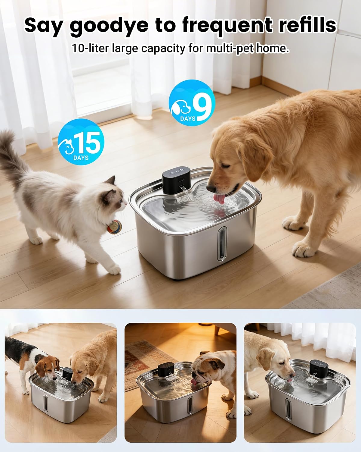 Smart Dog Water Bowl Dispenser Large, 10L/ 2.64Gal Cordless Dog Water Fountain Stainless Steel with APP Monitoring