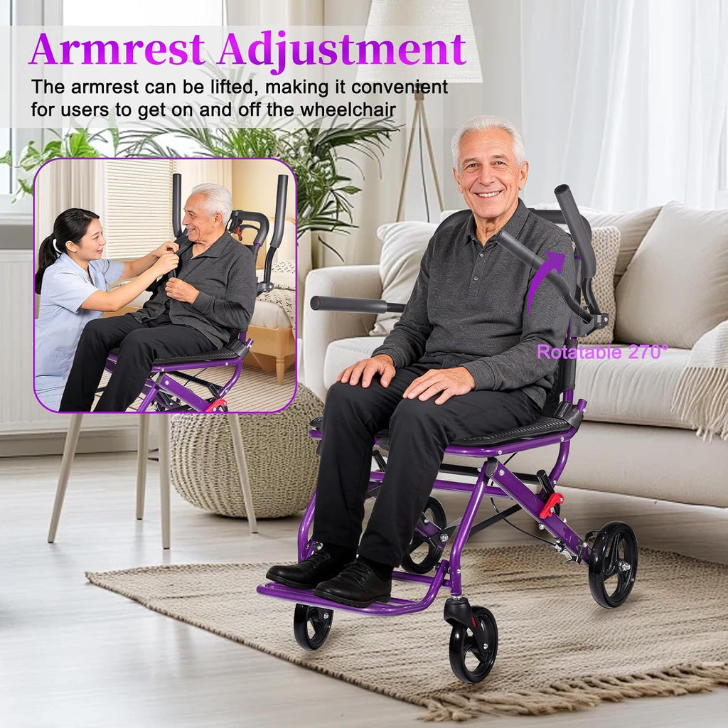 Lightweight Transport Wheelchair for Adults, Foldable Travel Wheelchair with 18.1” Wide Seat, Narrow Design for Tight