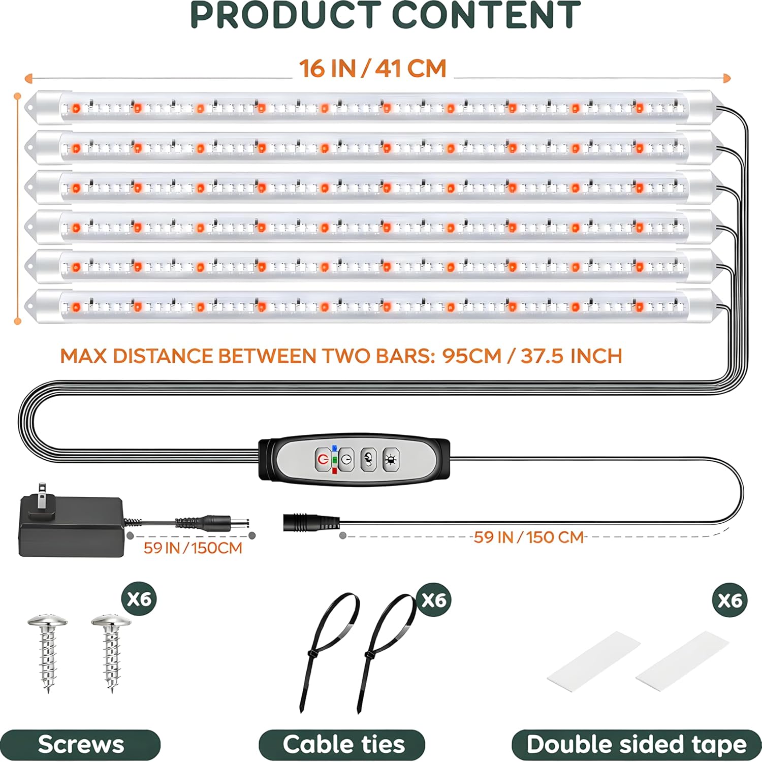 16'' 6 Bars Grow Light Strips for Indoor Plants with Auto ON/Off Timer 6/12/18H, 5 Dimmable Levels for Shelves Plant