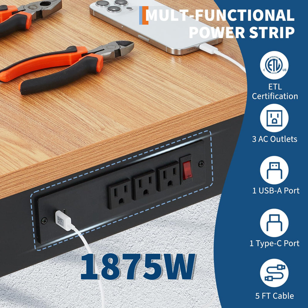 48" Adjustable Workbench with Power Outlet, 2000 LBS Work Bench, 48" x 24"