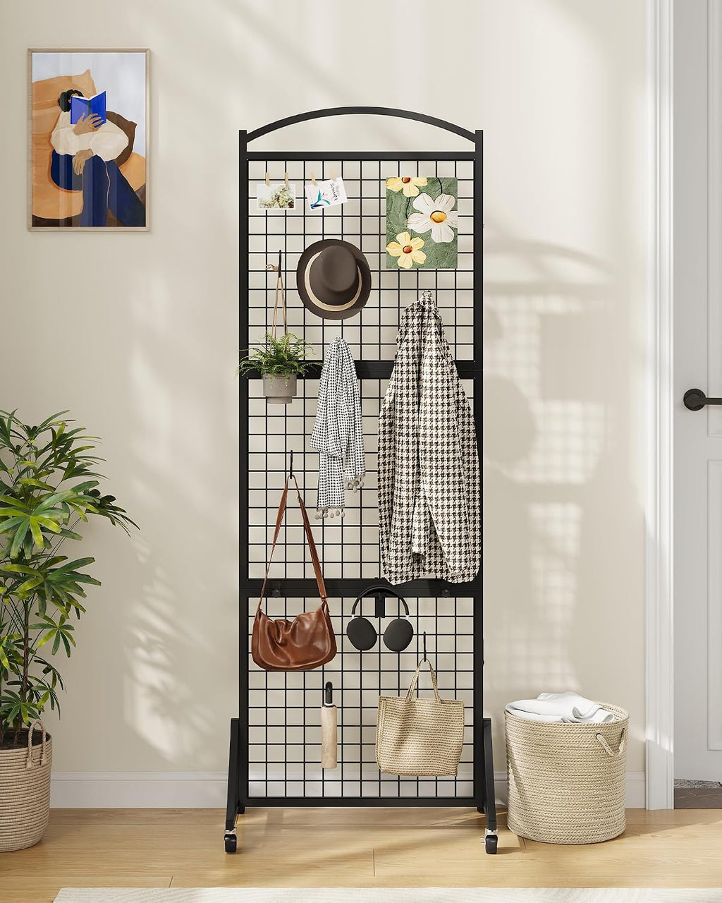 Foldable Grid Wall Panel 1.9' x 5.6' FT, Movable Gridwall Display Rack, Wire Grid Rack on Wheels, Retail Display