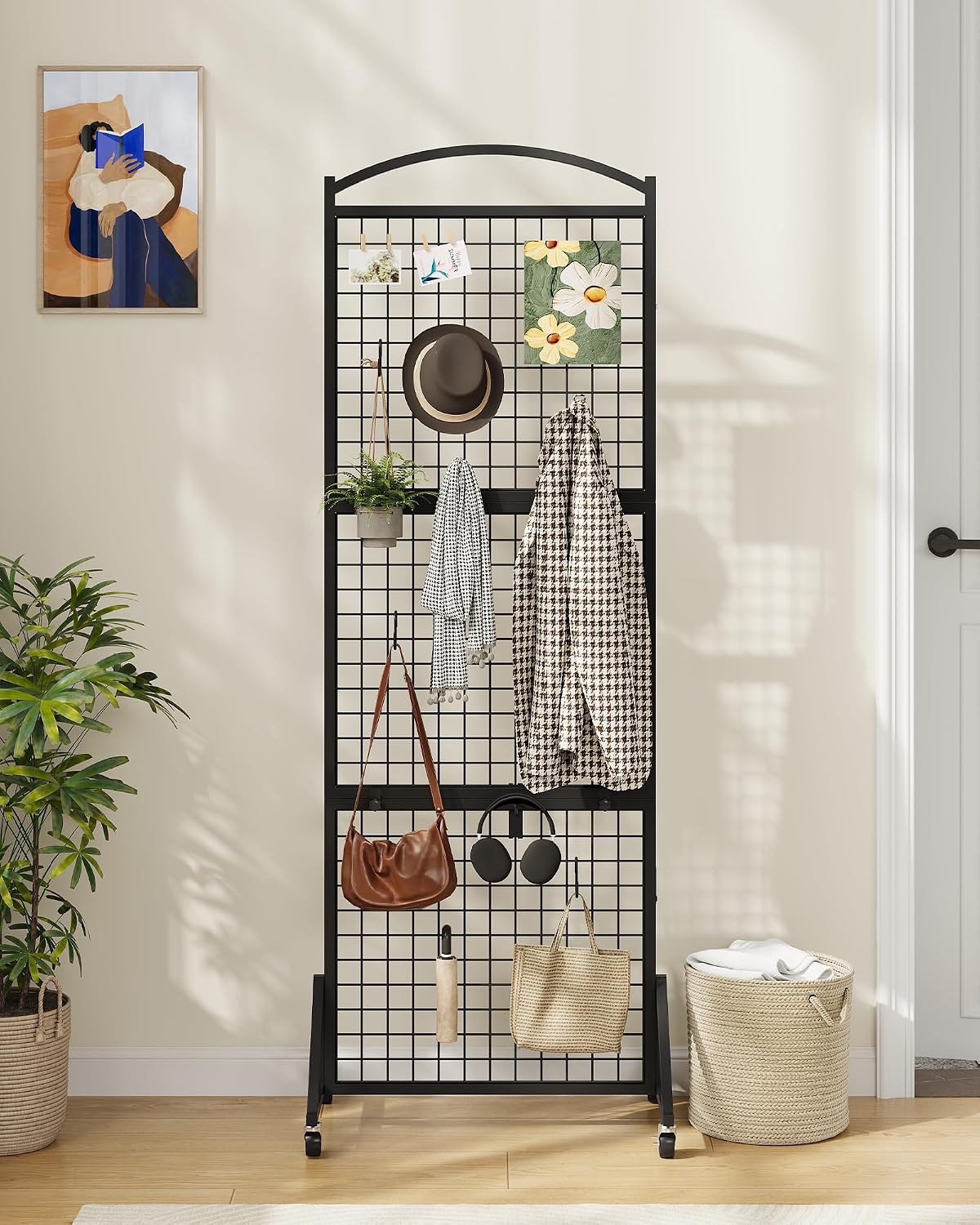Foldable Grid Wall Panel 1.9' x 5.6' FT, Movable Gridwall Display Rack, Wire Grid Rack on Wheels, Retail Display