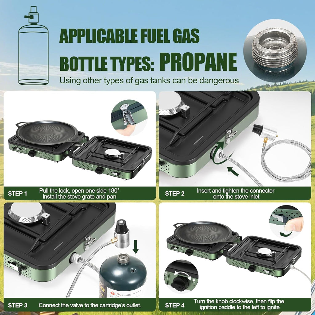 Portable Camping stove, 2 Burner Foldable Camping Stove with Griddle and Carrying Bag & Hose, 8600BTU Portable
