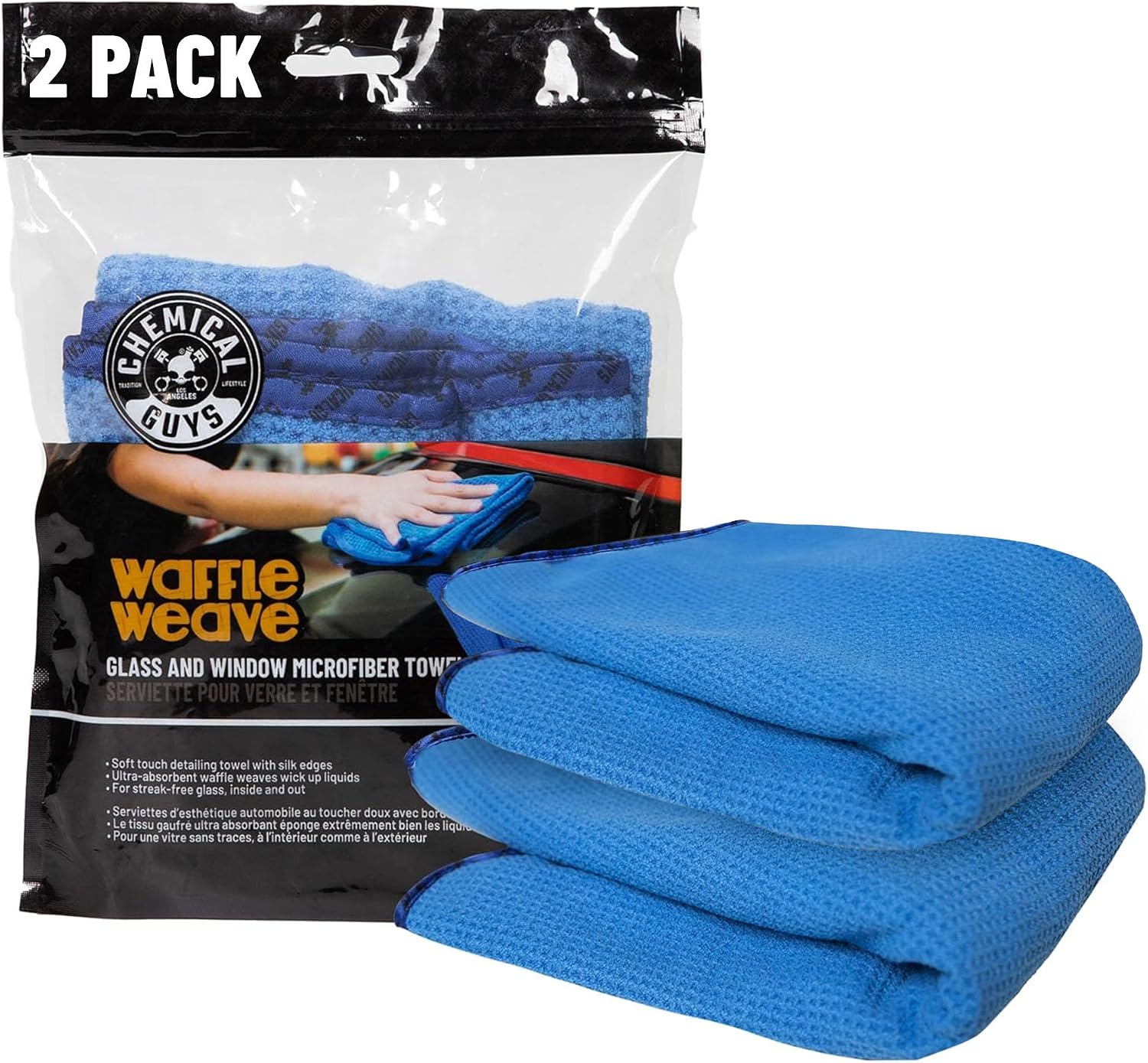 Waffle Weave Glass & Window Microfiber Towel, Blue, 2 Pack | Waffle-weave towels wipe glass, mirrors and windows