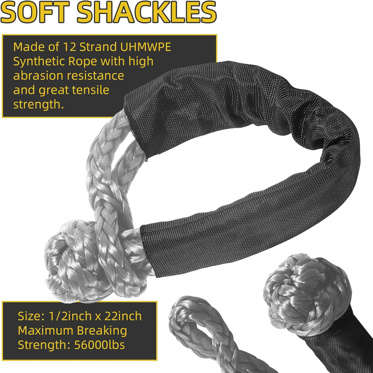 1" x 30' Kinetic Recovery Tow Rope (48,500lbs) with 2 Soft Shackles (56,000 lbs), Heavy Duty Offroad Towing Straps