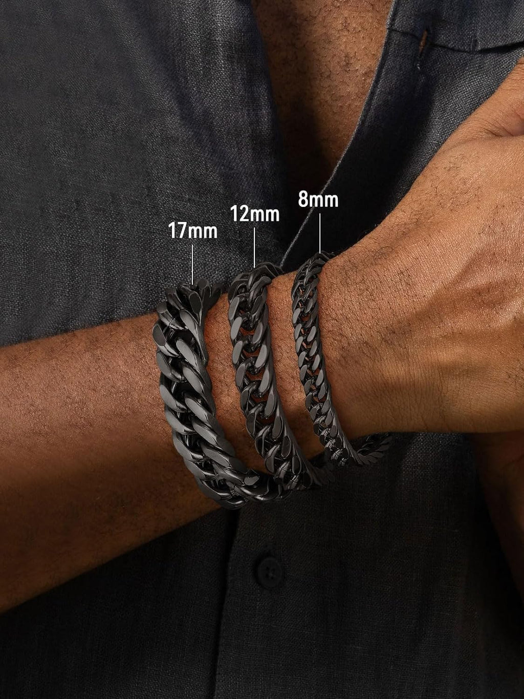 Mens Stainless Steel Cuban Link Bracelet, Tarnish Resistant | 6/8/12/17mm Silver/Black/Gold Sturdy Hip Hop Wrist