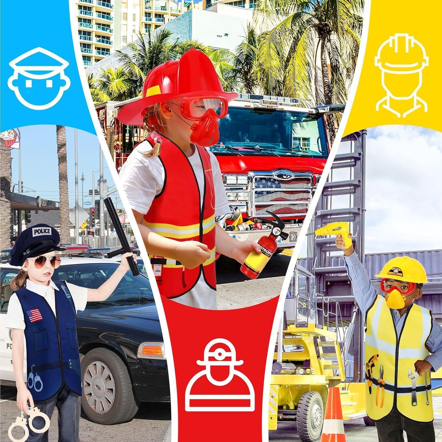 3 Sets Kids Dress up for Play Age 3-7 Years Old,dress up Costumes Vest Set Police,fireman and Worker for Toddler Kids