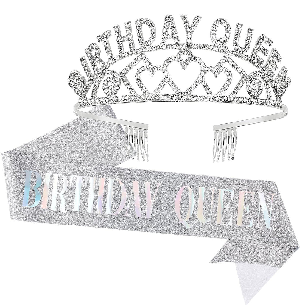 Silver Queen Crown and Sash - Rhinestone Tiara and Sash for Women's Birthday Party Favors - Glitter Decorations