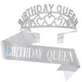 Silver Queen Crown and Sash - Rhinestone Tiara and Sash for Women's Birthday Party Favors - Glitter Decorations