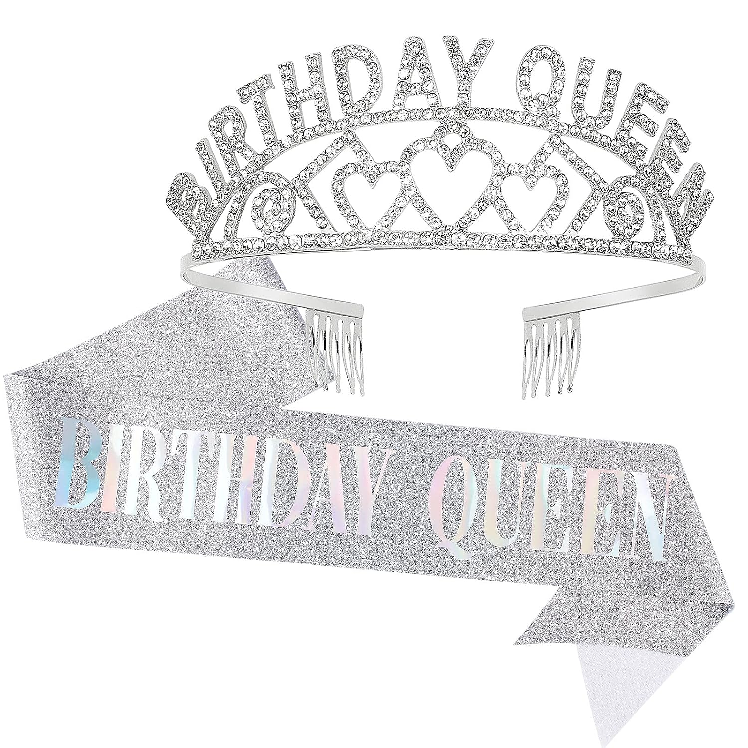 Silver Queen Crown and Sash - Rhinestone Tiara and Sash for Women's Birthday Party Favors - Glitter Decorations