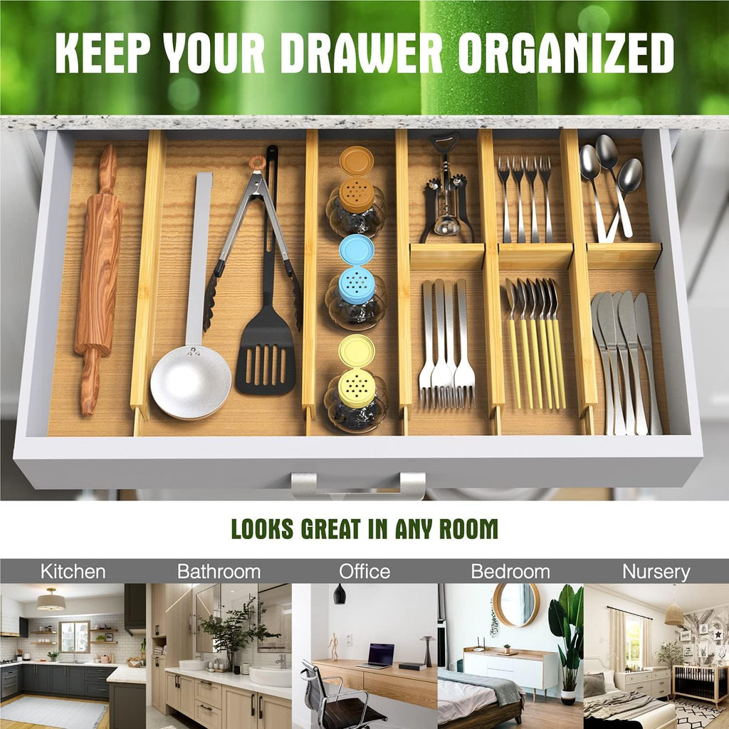 Bamboo Drawer Dividers Organizers, Drawer Separators Splitter,17-22 inches Long Adjustable Spring-loaded Organizer