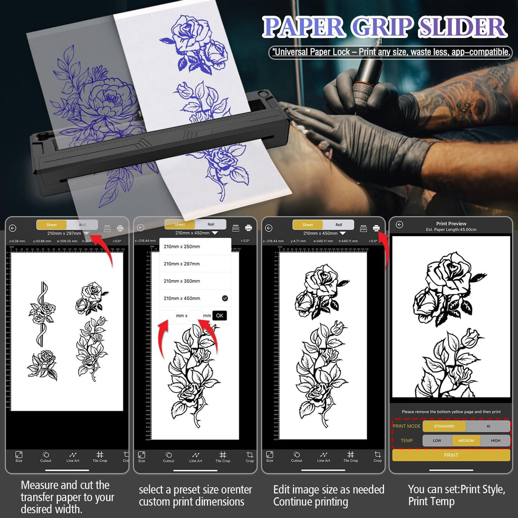 Wireless Tattoo Stencil Printer, Portable Bluetooth Thermal Tattoo Printer with App Custom-Size≤ A4, Print Realistic