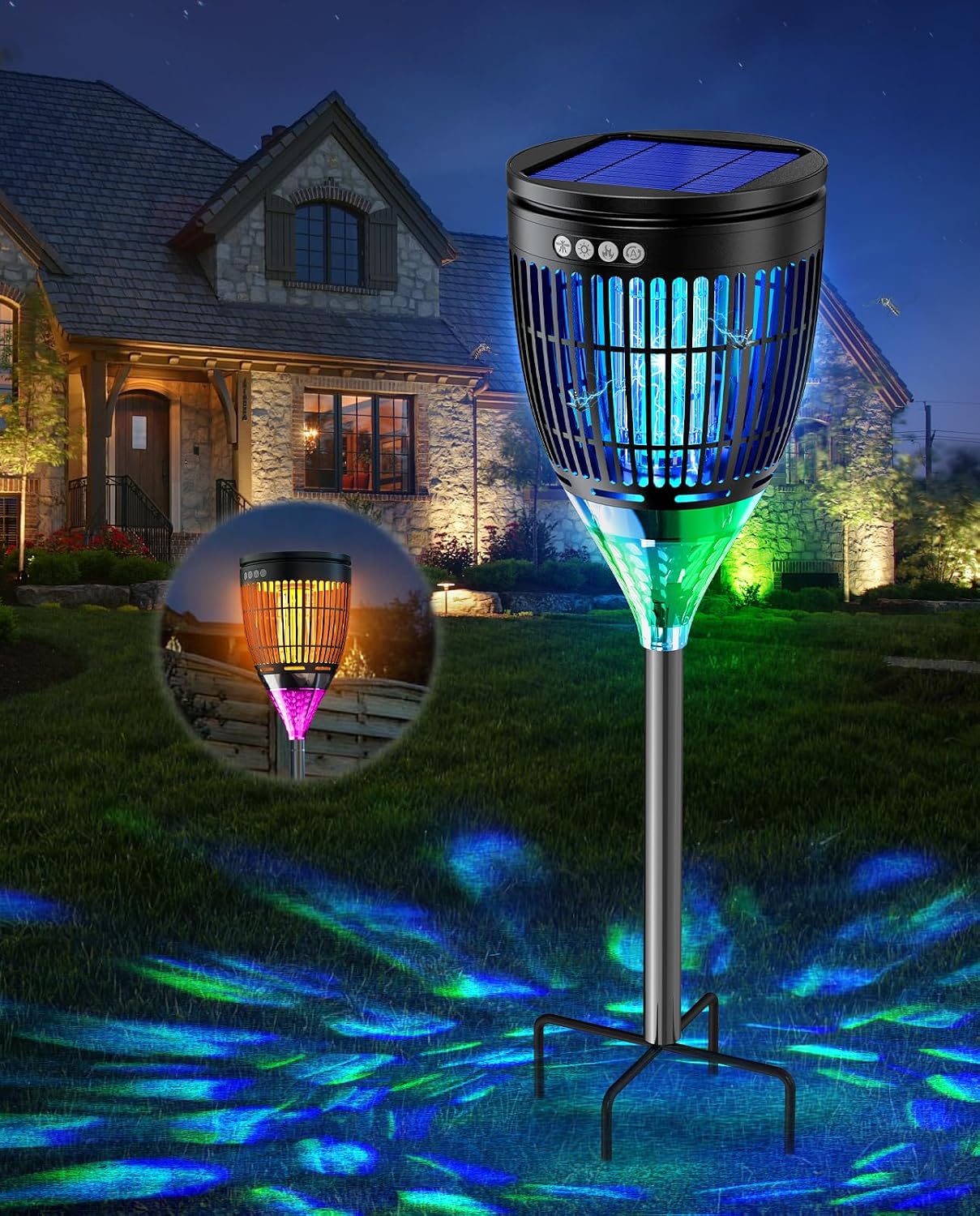 Solar Bug Zapper Outdoor, Mosquito Zapper with Flame & Projector Light | Auto On/Off, Waterproof Cordless Mosquito