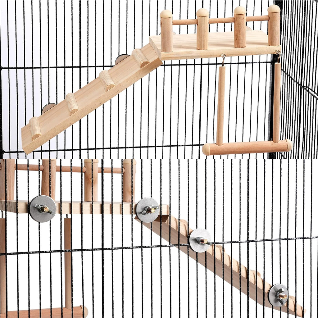 Bird Perches Platform Swing with Climbing Ladder, Parakeet Cage Accessories Wooden Playing Gyms Exercise Sturdy for